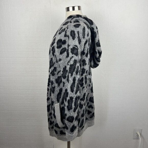 The Kooples Cardigan M Womens Gray Black Animal Print Mohair Wool Pockets Hooded - Picture 4 of 11